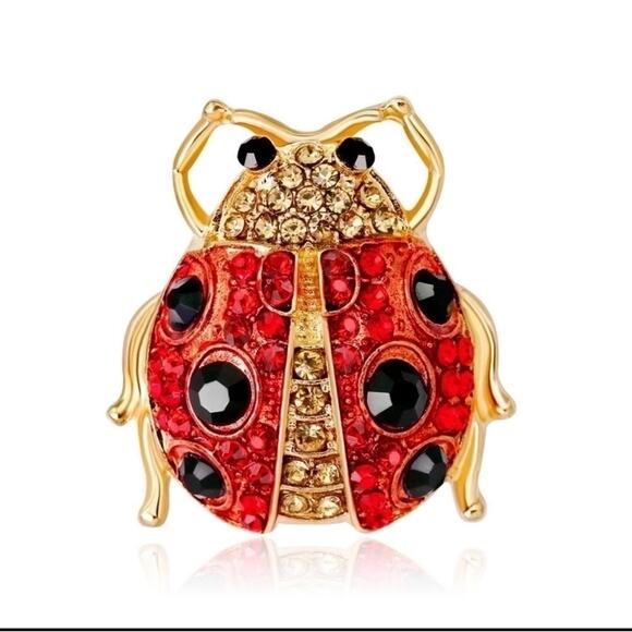 Ladybug Pin Brooch Red Black Enamel Crystal Rhinestone Gold Tone NEW Cottagecore - Picture 1 of 5